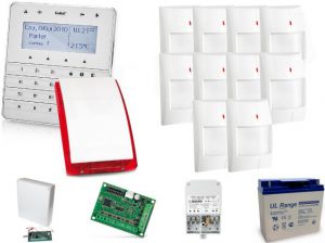 Zestaw alarmowy satel integra 128-wrl, klawiatura sensoryczna, 10 czujników ruchu, sygnalizator zewn